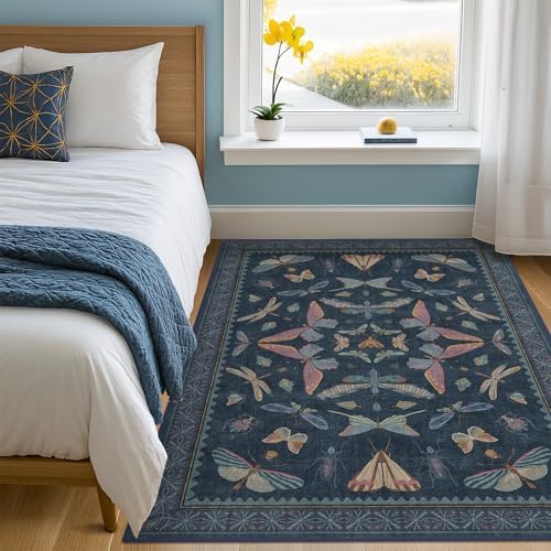 Blue Rugs for Bedroom - 4x6 Washable Area Rug for Large Entryway, Living Room, Kitchen Floor, Dark Whimsical Home Décor, Vintage Low Pile & Soft Non Slip Carpet by HazoHaus