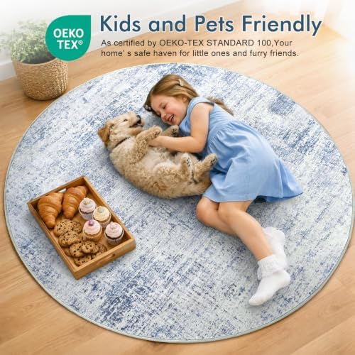 4ft Round Abstract Washable Area Rug for Living Room Blue - Image 5