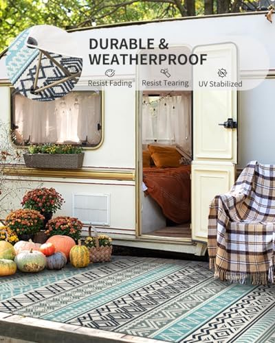 MontVoo Outdoor Rug Carpet 8x10 Waterproof-Patio Rug Mat Reversible RV Camping Rug Picnic Mat Plastic Straw Outside Rug for Balcony Porch Deck Beach-Boho Outdoor Area Rug for Patio Decor Colorful - Image 4