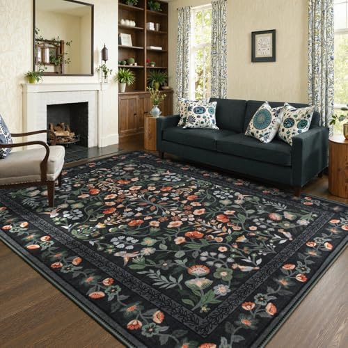 Lahome Black Floral Washable Area Rug 8x10, Vintage Boho Carpet - Image 3