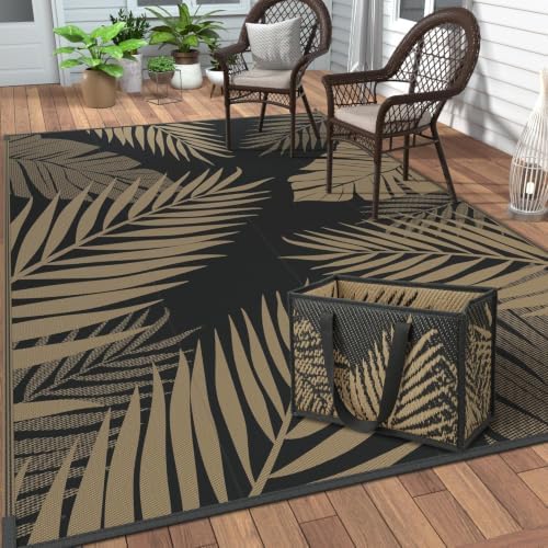 GENIMO Outdoor Rug 6' x 9' Waterproof for Patios Clearance, Reversible Plastic Straw Camping Carpet with Rectangle Storage Bag, Large Area Rugs and Mats for RVs,Garden, Beach, Black&Brown by GENIMO
