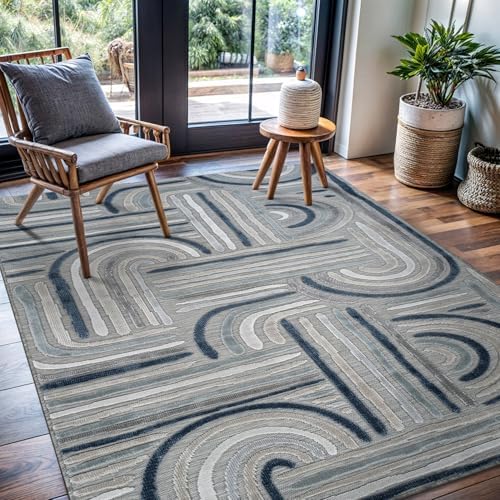 CAMILSON Indoor Outdoor Rug, Blue 5x7 Geometric Arch Striped Area Rugs for Patio and Home Areas, Easy-Cleaning Non-Shedding Living Room, Garden and Deck Washable Outside Carpet (5 x 7) - Image 4