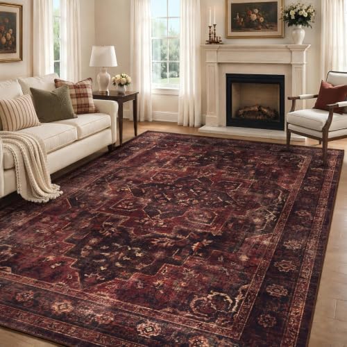 Washable Area Rug 7'x10' Living Room, Vintage Medallion, Dark Red by Jainmy