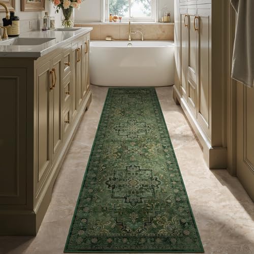 Green Medallion 3x7 Hallway Runner Rug, Washable Non Slip Runners for Kitchen Floor, Low Pile Thin Distressed Vintage Runner Carpet for Entryway/Mudroom/Foyer/Bathroom/Bedroom - Image 4