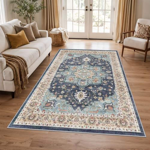 Vintage Area Rug 5x8: Machine Washable Area Rug for Living Room Blue Teal - Image 3