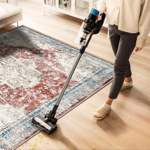 CHAMPLANT Washable Area Rug 9'x12' Red Blue Retro Flowers Boho Design Non-Shedding Easy Care Ideal for High Traffic Areas in Living Room Bedroom Office Coffee Table Kitchen Large Carpet - Image 3