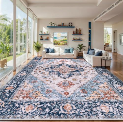 SERISSA 10x14 Washable Non Slip Boho Area Rug for Living Room，Blue Orange by SERISSAHomeDecorCollection