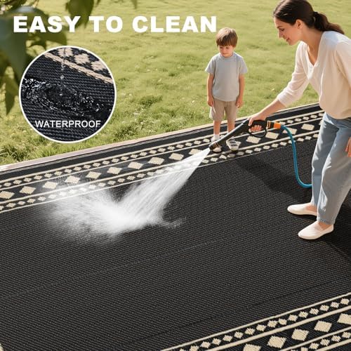 RURALITY Outdoor Rug 9x12 Waterproof for Patio Clearance,Large Plastic Straw Mat for Camping,Porch,RV,Black and Beige - Image 5