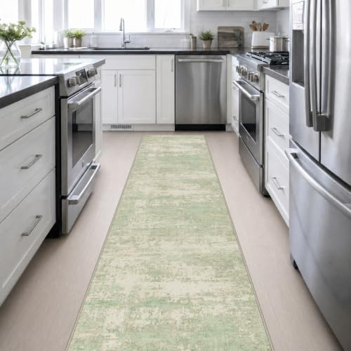 2.6x14 Washable Runner Rug:Modern Abstract Soft Carpet Green Cream - Image 6
