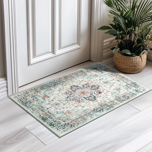 BESTSWEETIE Washable Boho 2x3 Area Rug for Living Room, Multi Navy Teal - Image 2
