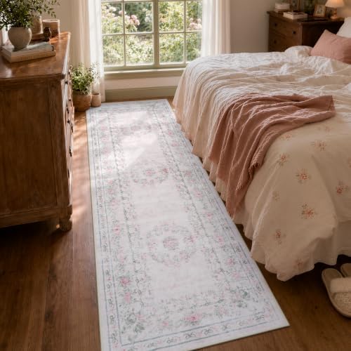 Wonnitar Pink Bow Runner Rug, 2'6" x 8' Washable Hallway Runner, Ultra-Thin Non Slip Soft Floral Carpet for Bedroom Nursery Entryway Corridor Laundry Decor, Light Pink - Image 3