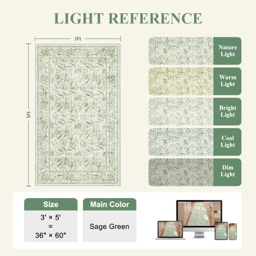 DUKINO 3x5 Rug Washable Vintage Floral Bedroom Area Rug Non Slip Sage Green - Image 2
