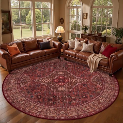 Tangsoo Red Large Round Area Rugs 8ft, Boho Washable Non Slip Circle Rug by Tangsoo