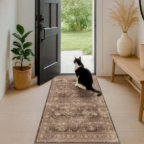 Boho Taupe Brown 3x5 Large Entryway Rug - Modern Vintage Traditional Eclectic Oriental Neutral, Washable Low Pile Non-Slip Area Rugs for Door Mat Indoor Entrance, Kitchen, Laundry - Image 6