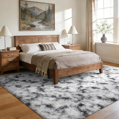 6x9 Large Fluffy Area Rugs Non-Slip for Living Room Tie-Dyed Black White - Image 3