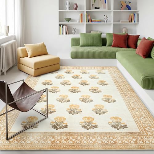 Beige Brown Floral Living Room Rug 5x7 Area Rug - Vintage Washable Rug for Dining Room, Bedroom, Ultra Soft Low Pile Non Slip Stain Resistance Distressed Boho Farmhouse Flower Carpet - Image 2