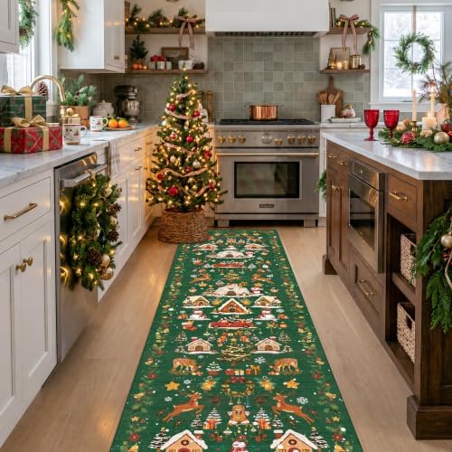 Vintage Christmas Runner Rug 2x8: Santa Claus Runners for Hallways Kitchen Non-Slip Washable Entryway Bathroom Rugs Winter Soft Low Pile Floor Carpet for Bedroom Holiday Decoration Present（2x8，Green） by HYHAOYUNLAI