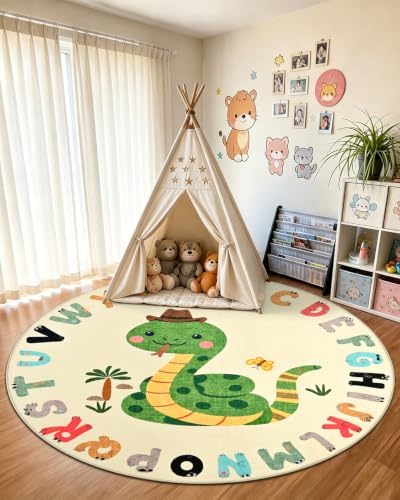 TWINNIS Kids Animal Print Round Rug for Playroom, Alphabet Washable Area Rugs for Boy Girl Baby Toddler Children, 4x4 Cute ABC Mat Play Carpet Nursery Bedroom Decor, Snake - Image 5