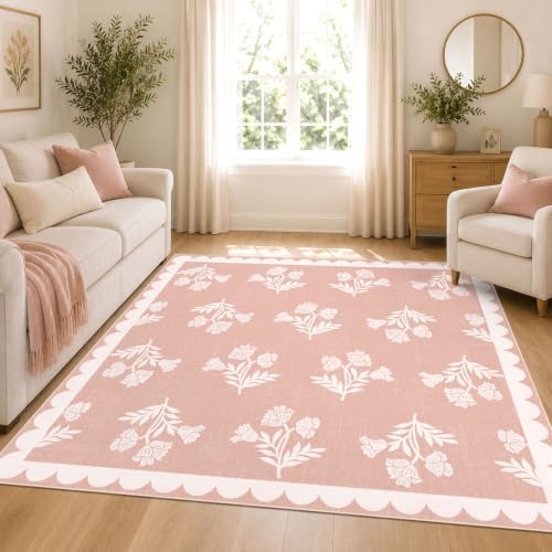 Pink Square Rugs 5ft - Soft Washable Boho Floral Girls Bedroom Rug by Othilic