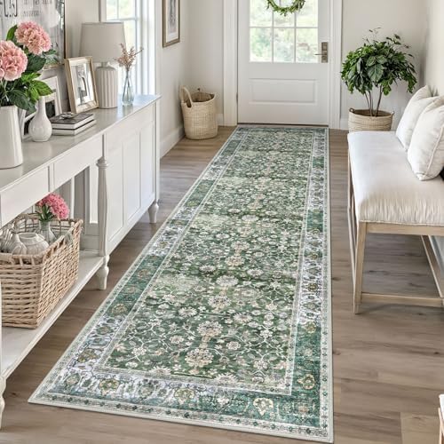 KUTA Vintage Washable Runner Rug 2.6x10 Green Runners for Hallways by KUTA