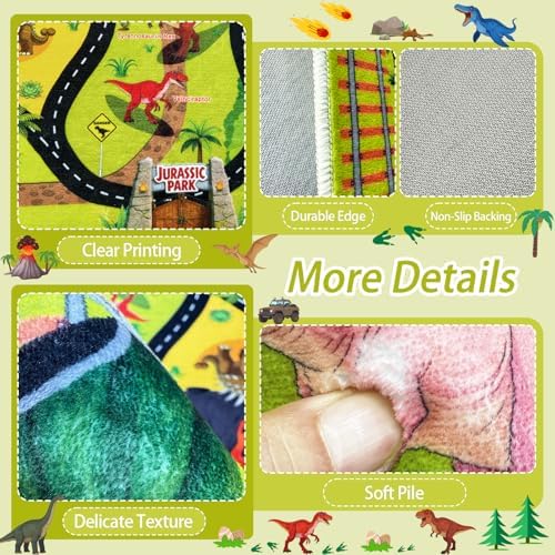 Washable Kids Rug for Playroom, 5x7 ft Faux Wool Dinosaur Rug with Road Map for Childrens, Non-Slip Car Carpet for Boys Bedroom Classroom, Soft & Non-Slip - Image 4