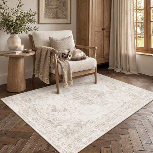 Washable 3x5 Porch Area Rug Soft Medallion Neutral Beige Throw Carpet - Image 2