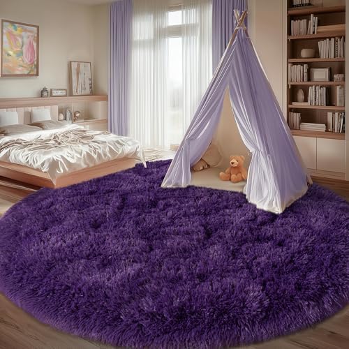 8ft Fluffy Dark Purple Round Rug for Bedroom Living Room, Washable Non-Slip - Image 5