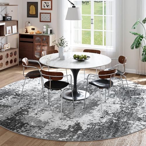 Washable 5 FT Round Rug Grey Circle Area Rugs for Entryway Kitchen, Non Slip Soft Low Pile Stain Resistant, Boho Circular Carpet for Living Room Bedroom Dorm Dining Room Table, Abstract Gray - Image 3