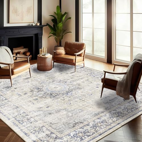 CHAMPLANT Washable Area Rug 9'x12' Floral Blue Boho Design Non-Shedding Easy Care Ideal for High Traffic Areas in Living Room Bedroom Office Coffee Table Kitchen Large Carpet by CHAMPLANT