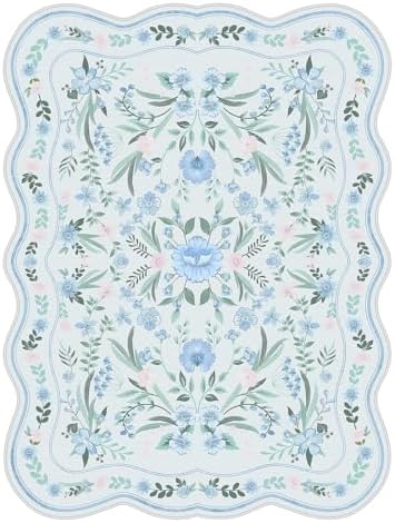 Scalloped Blue Floral Rug 6x9, Washable Soft Faux Wool Area Rug for Living Room, Cute Boho Non-Slip Carpet for Kids Room, Nursery, Bedroom or Office - Image 6