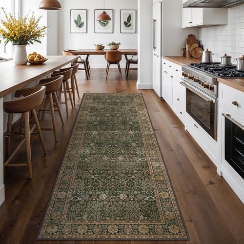 Bavni 2x8 Kitchen Runner Rug, Washable Non Slip, Dark Green Brown by BAVNI