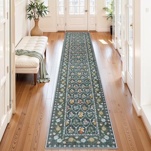 2.6x12 Kitchen Runner Rug Washable - Vintage Non Slip Hallway Rugs Low Pile Carpet for Bedroom Laundry Soft Indoor Floor Mat - Safe Durable Choice for Married Women with Kids & Pets 2’6x12 Green - Image 2