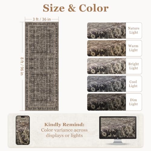 Washable Hallway Runner Rug 3'x8', Vintage MCM, Black/Brown/Beige - Image 2