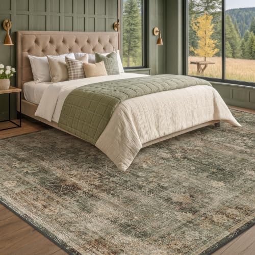 Moss Green 10x12 Large Area Rug for Living Room, Vintage Washable Boho Dark Academia Distressed Geometric Floral Rug for Bedroom & Dining Room, Non-Slip Low Pile Stain Resistant - Image 3
