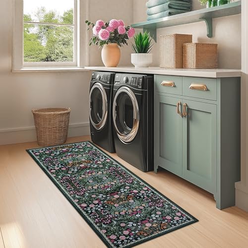 PLHXFR 2x6 Washable Runner Rug：Floral Indoor Kitchen Carpet Dark Green - Image 4