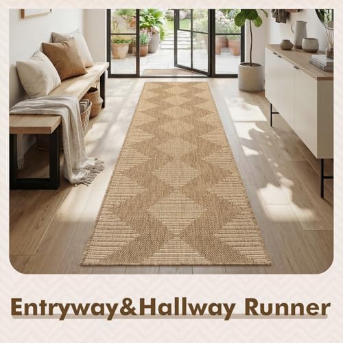 MontVoo-2x6 ft Indoor Outdoor Runner Rugs for Entryway Porch Hallway Kitchen Door Entrance Long, Textured Weave Polypropylene, Durable for High Traffic, Fade-Resistant, Boho Geometric Neutral Brown - Image 4