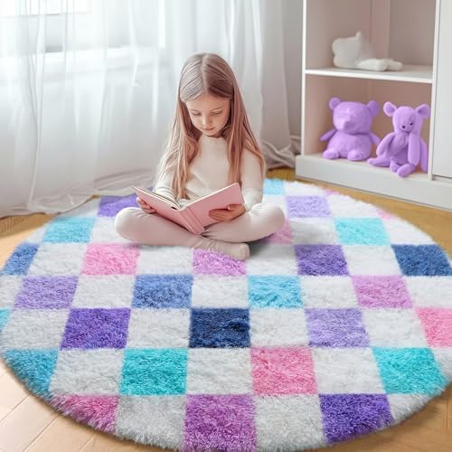 KICMOR Purple Rainbow Round Rug for Bedroom Girls, Cute Fluffy Soft 4ft Circle Area Rug Small Fuzzy Shag Shaggy Living Room Carpet, Circular Checkered Rug for Kids Room Home Decor Aesthetic, Nursery by KICMOR