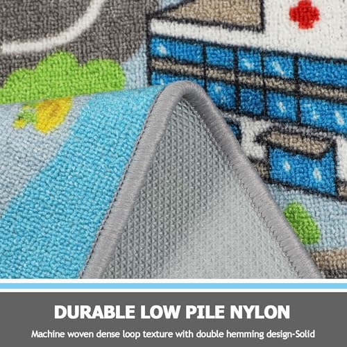 Capslpad Sky Blue Car Road Kid Rug Carpet Playmat for Playoom Traffic Road Kids Play Mat for Toddler Non Slip Washable City Map Race Track Carpet Rug for Kids Room Bedroom Nursery Room Decor,5.2'x3.3' - Image 4