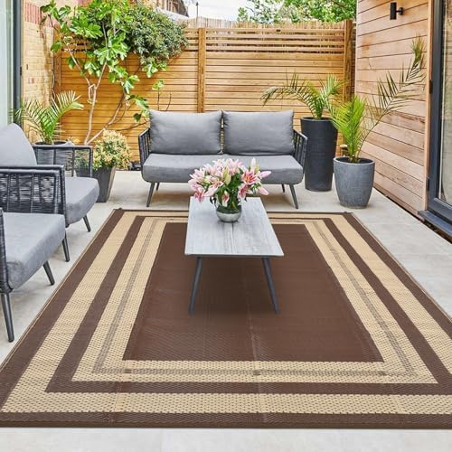 GAOMON Waterproof Plastic Straw Rug 9x12 Outdoor Rug for Patios Modern Bordered Lightweight Carpet Reversible Mat for Backyard Pool Deck Picnic Patio Porch RV Beach Trailer Camping Border-Brown/Beige - Image 2