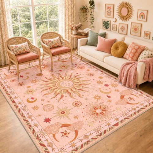 Vacuum-Friendly, 6x9 Washable Area Rug, Pink Gold Beige Red by meejou