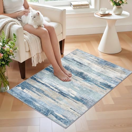 Small Area Rug 2x3 Washable - Modern Abstract Entryway Rugs with Non Slip Backing Low Pile Carpet for Kitchen Living Room Bedroom Soft Indoor Accent Pattern Home Decor Floor Mat for Bathroom 2x3 Blue - Image 4