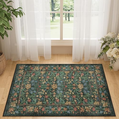DUKINO 2x3 Entryway Rug, Washable Vintage Floral Area Rug, Green - Image 5