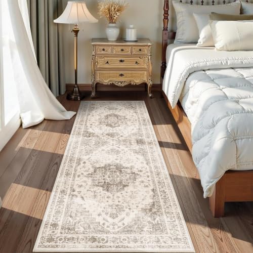 2x6 Washable Kitchen Runner Rug Non-Slip Medallion Taupe Throw Carpet - Image 2