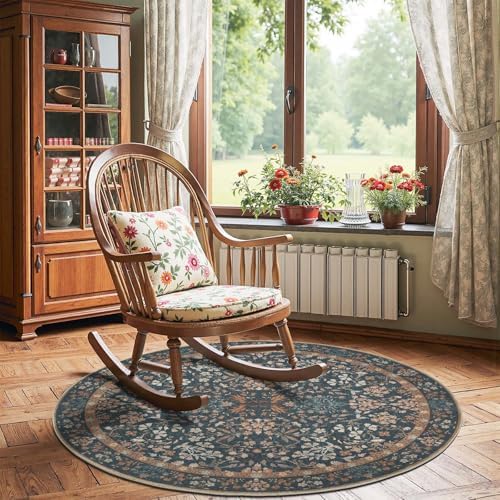 jinchan 4ft Washable Round Area Rug, Soft Floral Non-Slip, Dark Blue - Image 3