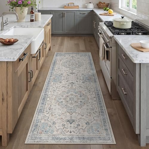 PureCozy Blue Runner Rug 2.6x8 Entryway Vintage Floral Non-Slip Carpet - Image 2