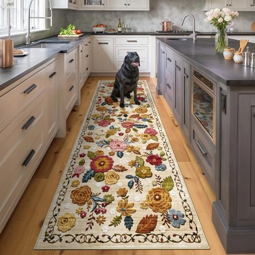 Washable 2x8 Runner Rug, Beige Boho Floral Non-Slip for Hallway, Kitchen - Image 3