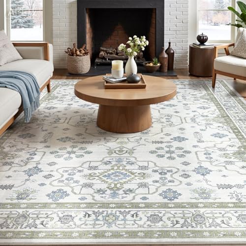 Area Rug 10x12 for Living Room - Washable Oriental Vintage Floral Distressed Large Indoor Carpets with Non Slip Back for Bedroom Dining Room Nursery Office Home Decor -Light Green - Image 3
