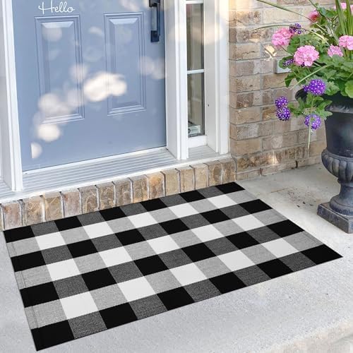 KILOCOCO Buffalo Plaid Checkered Rug 27.5x43 in Black White Front Door Rug by Kilococo