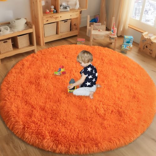 6ft Round Fluffy Rug for Bedroom Orange, Washable Non-Slip by WISHTREE