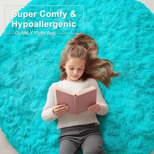 OLANLY Teal Blue Round Rugs for Bedroom - Machine Washable, 4 ft Circle Area Rugs for Living Room, Soft and Fluffy Shaggy Carpet for Teen Girls and Boys, Nursery Rooms, Dorms, Home Decor Aesthetic - Image 5